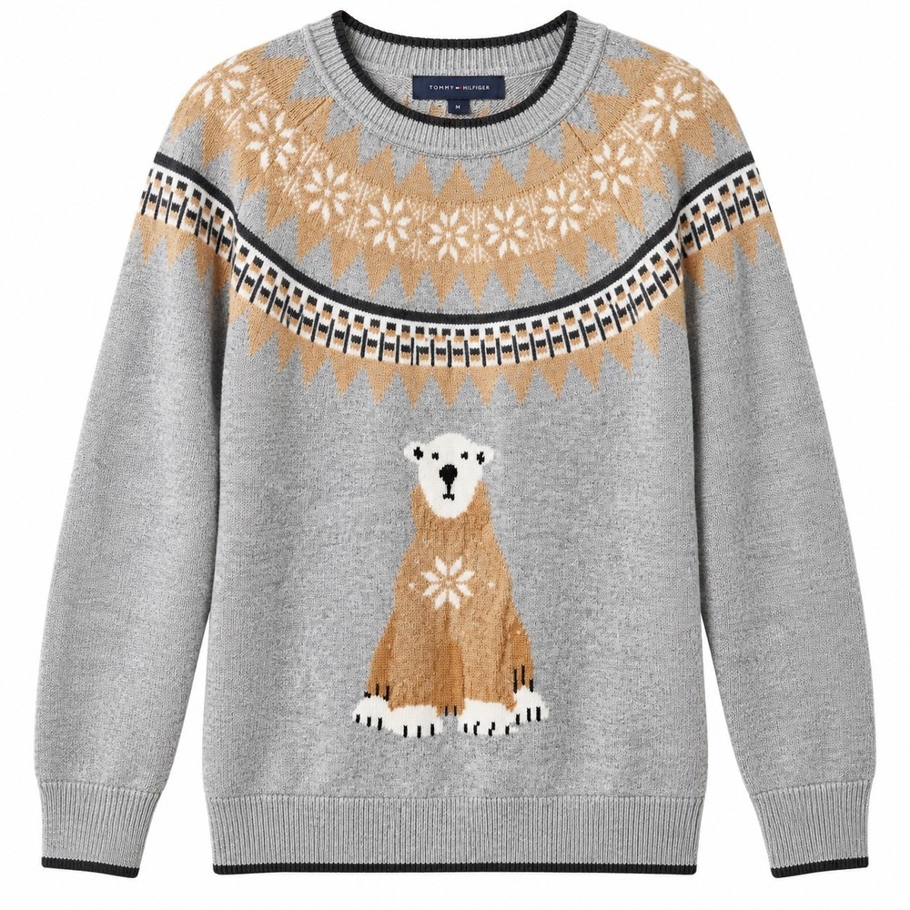 TOMMY HILFIGER Nordic Crewneck Sweater Sz M Gray/Beige Polar Bear Snowflakes GUC